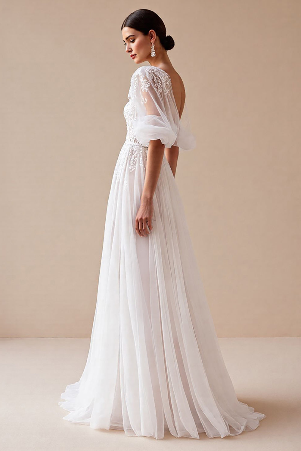Ivory A Line Half Sleeves Wedding Dress with Lace