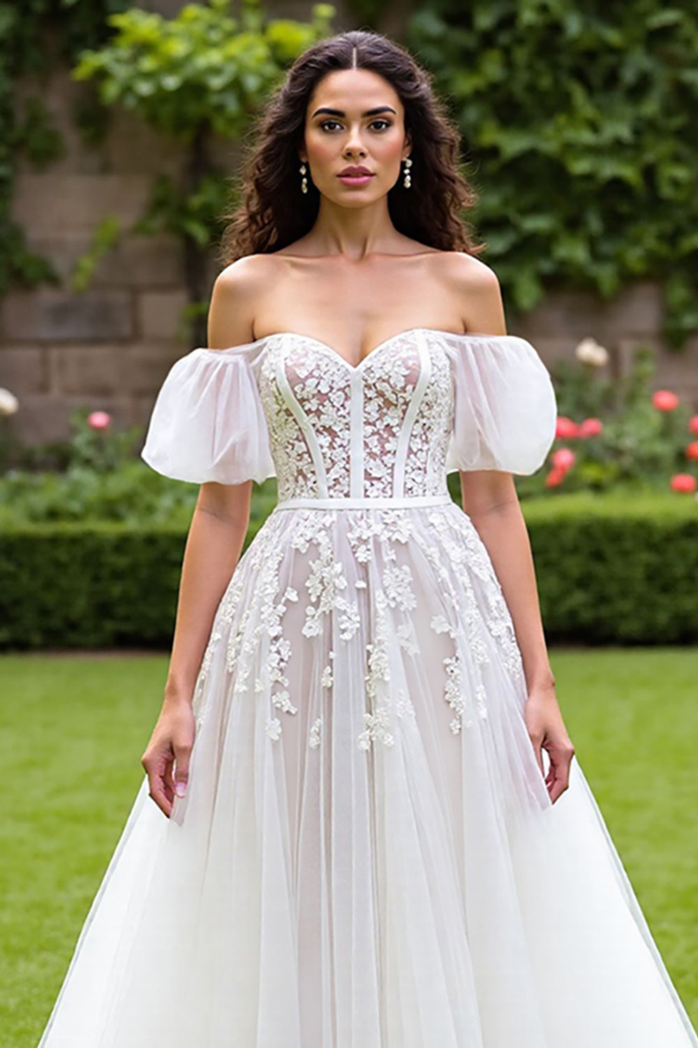 Off The Shoulder Ivory A Line Corset Wedding Dress