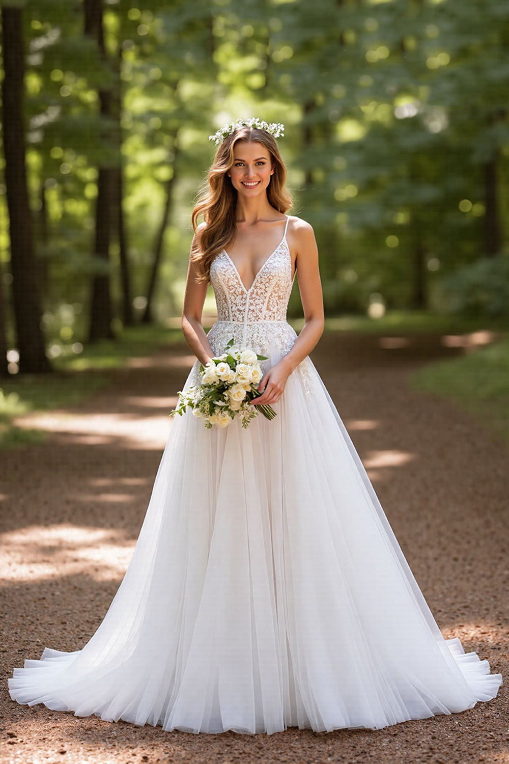 Ivory A Line V Neck Corset Tulle Long Wedding Dress