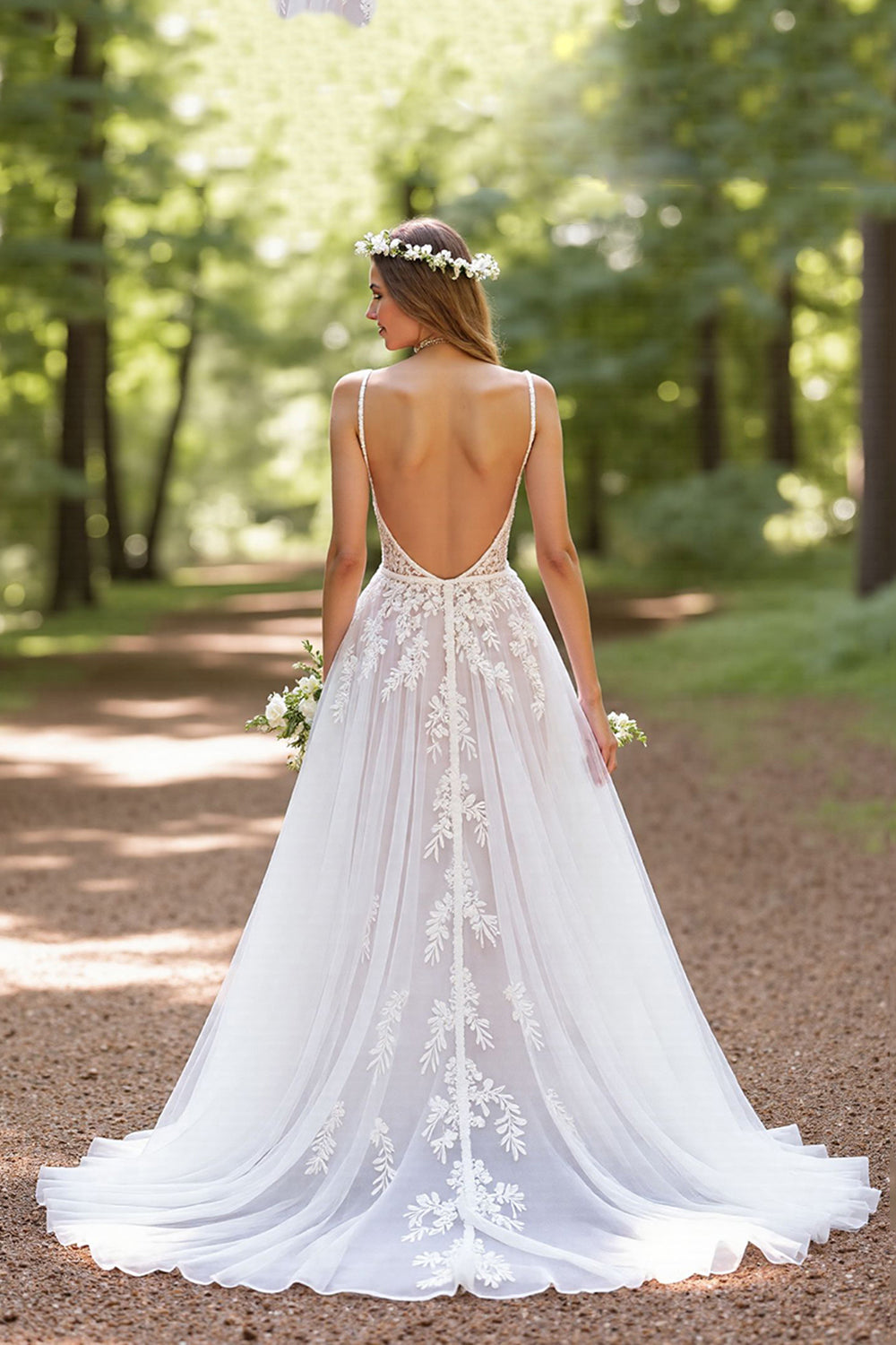 Ivory A Line V Neck Corset Tulle Long Wedding Dress