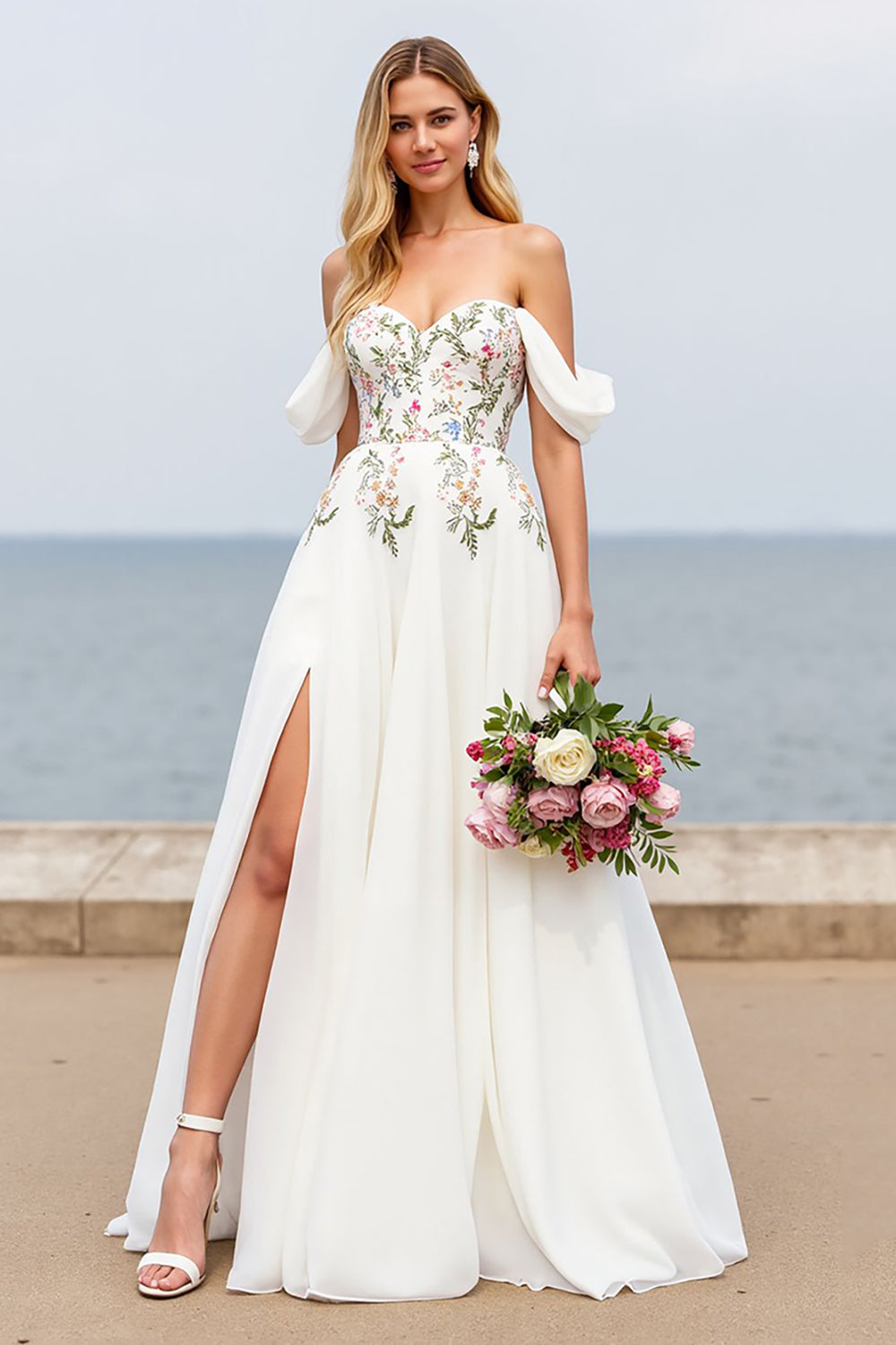 Floral Ivory A Line Off The Shoulder Wedding Dress