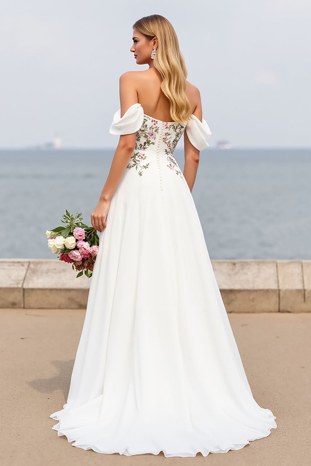 Floral Ivory A Line Off The Shoulder Wedding Dress