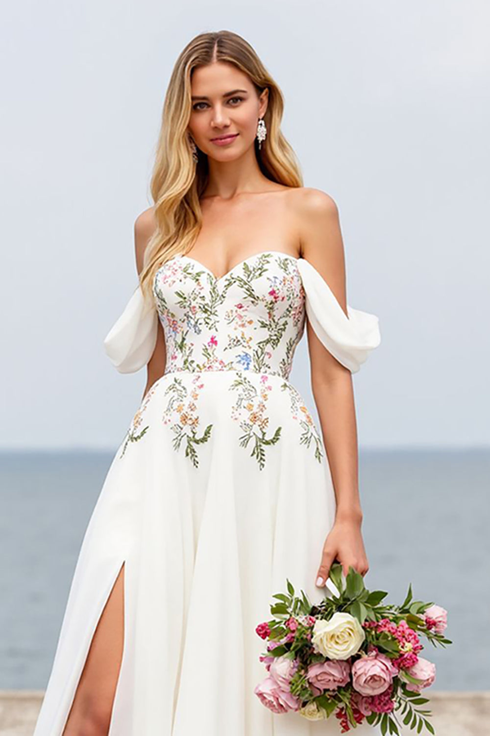 Floral Ivory A Line Off The Shoulder Wedding Dress