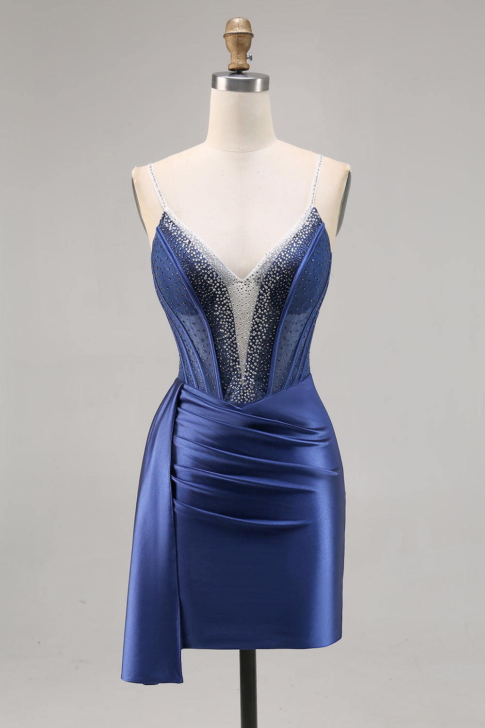 Beaded Corset Navy Satin Homecoming Dress with Sash