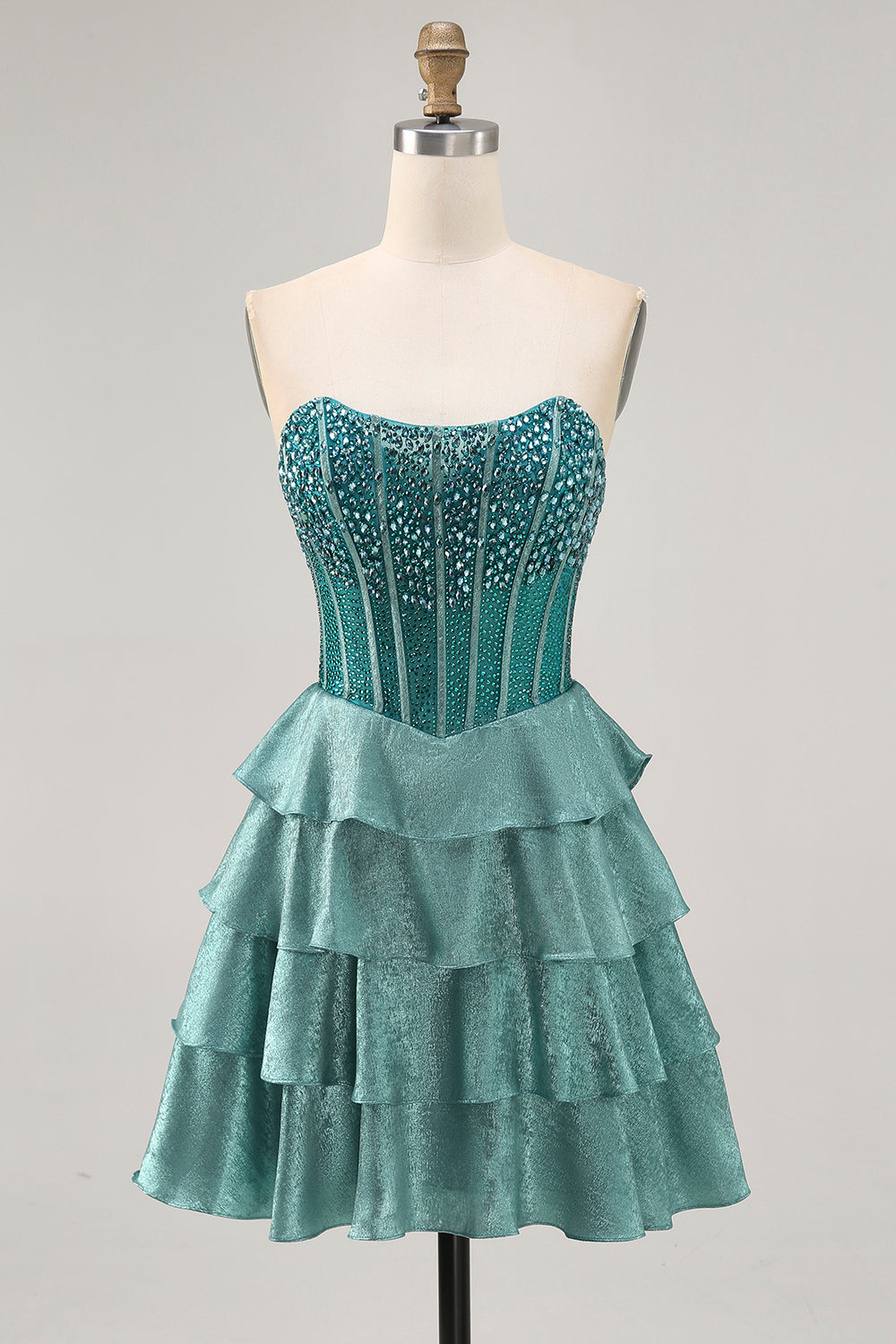 Peacock Green A-Line Corset Strapless Tiered Homecoming Dress with Rhinestones