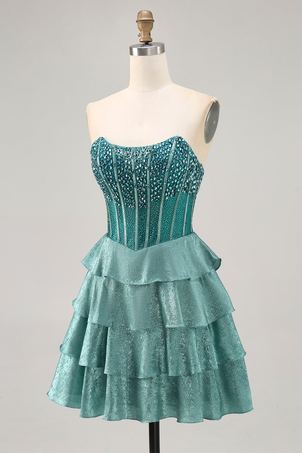 Peacock Green A-Line Corset Strapless Tiered Homecoming Dress with Rhinestones