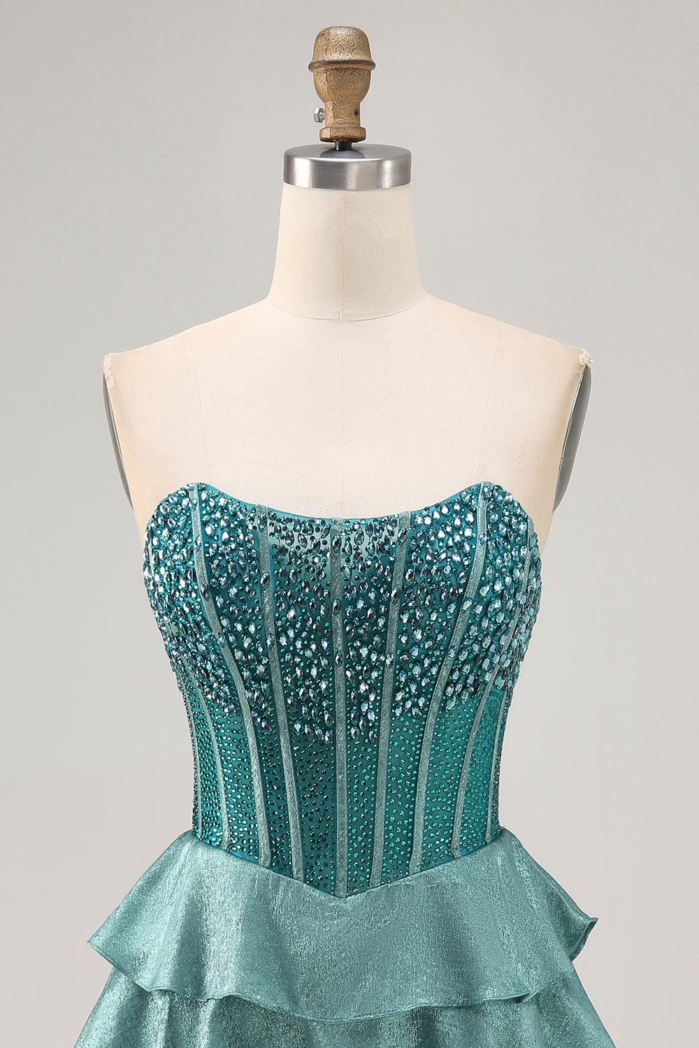 Peacock Green A-Line Corset Strapless Tiered Homecoming Dress with Rhinestones