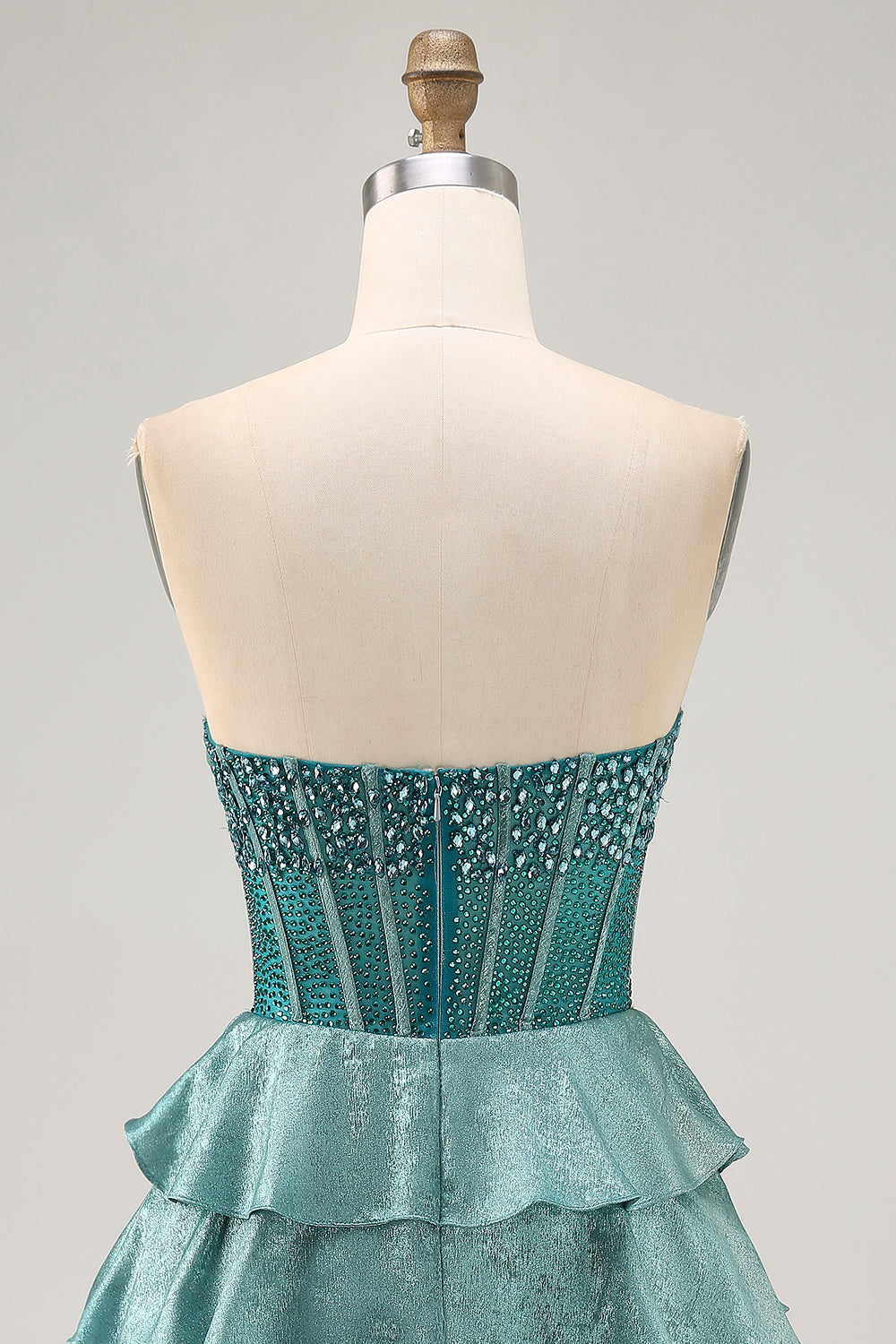Peacock Green A-Line Corset Strapless Tiered Homecoming Dress with Rhinestones