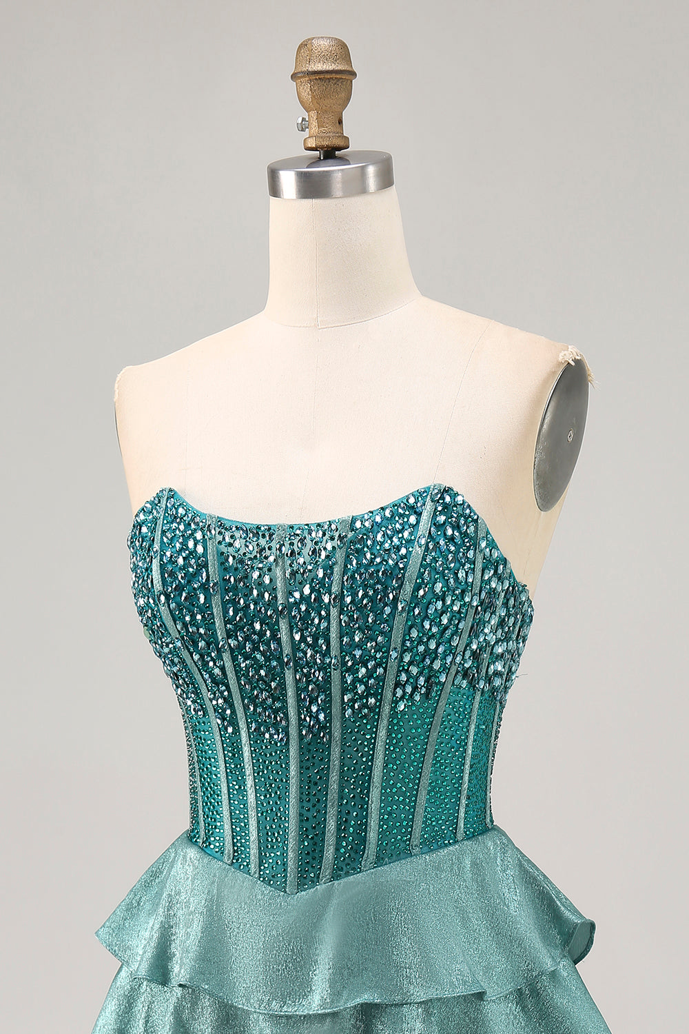 Peacock Green A-Line Corset Strapless Tiered Homecoming Dress with Rhinestones