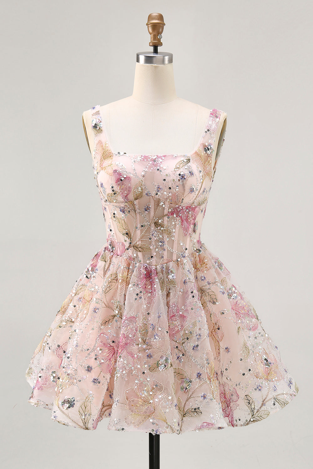 Sparkly A-line Square Neck Sequins Floral Short Homecoming Dress