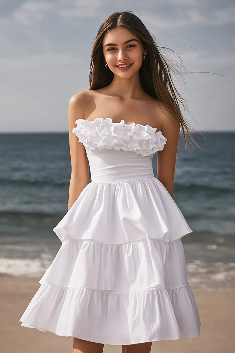 A Line Strapless Tiered Short Engagement Dress with Ruffles