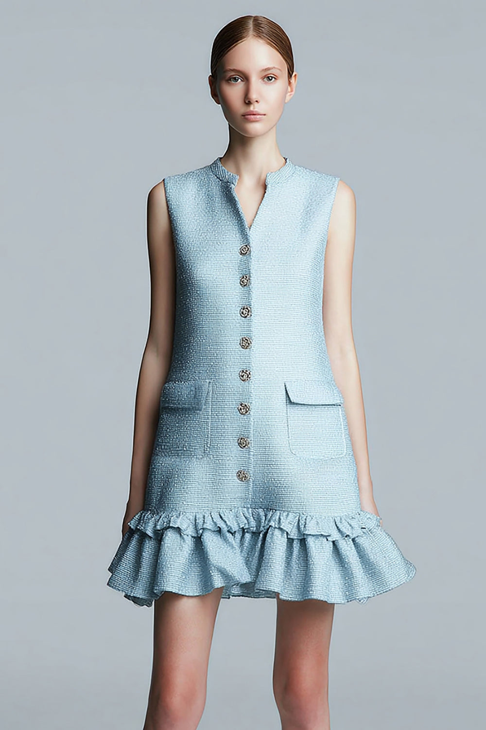 A Line V-Neck Short Sky Blue Work Dress with Ruffles