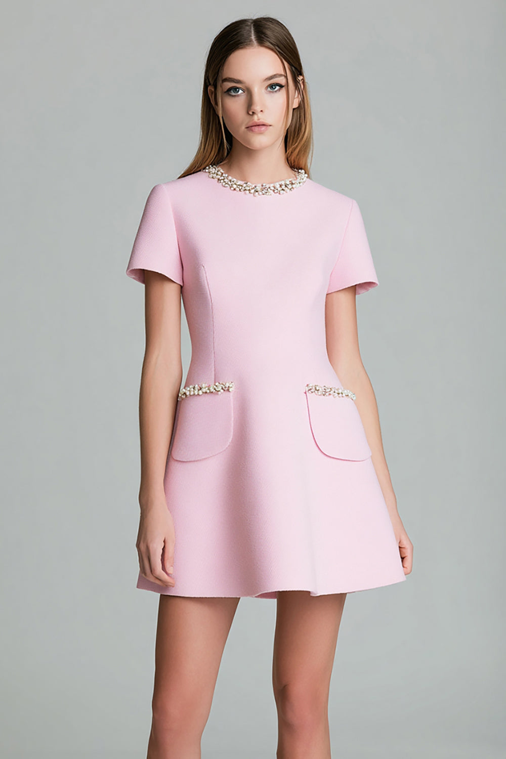 A Line Short Pink Work Dress with Beading