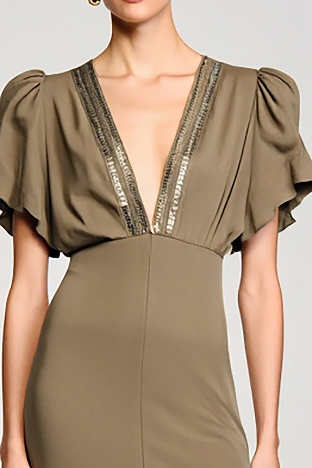 Olive Sheath V Neck Midi Wedding Guest Dress With Sequins