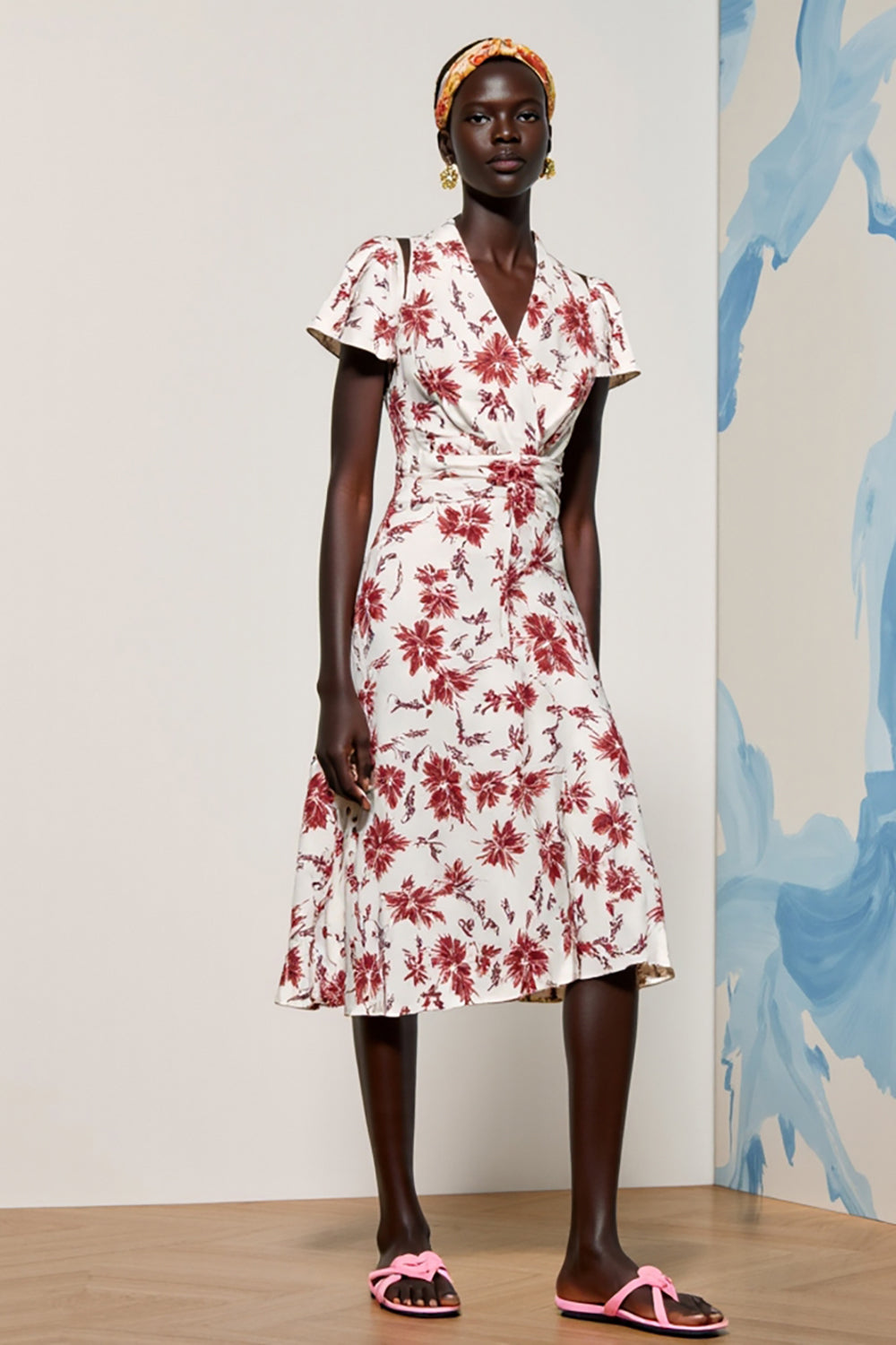 Pink Floral V-Neck Midi Wedding Guest Dress