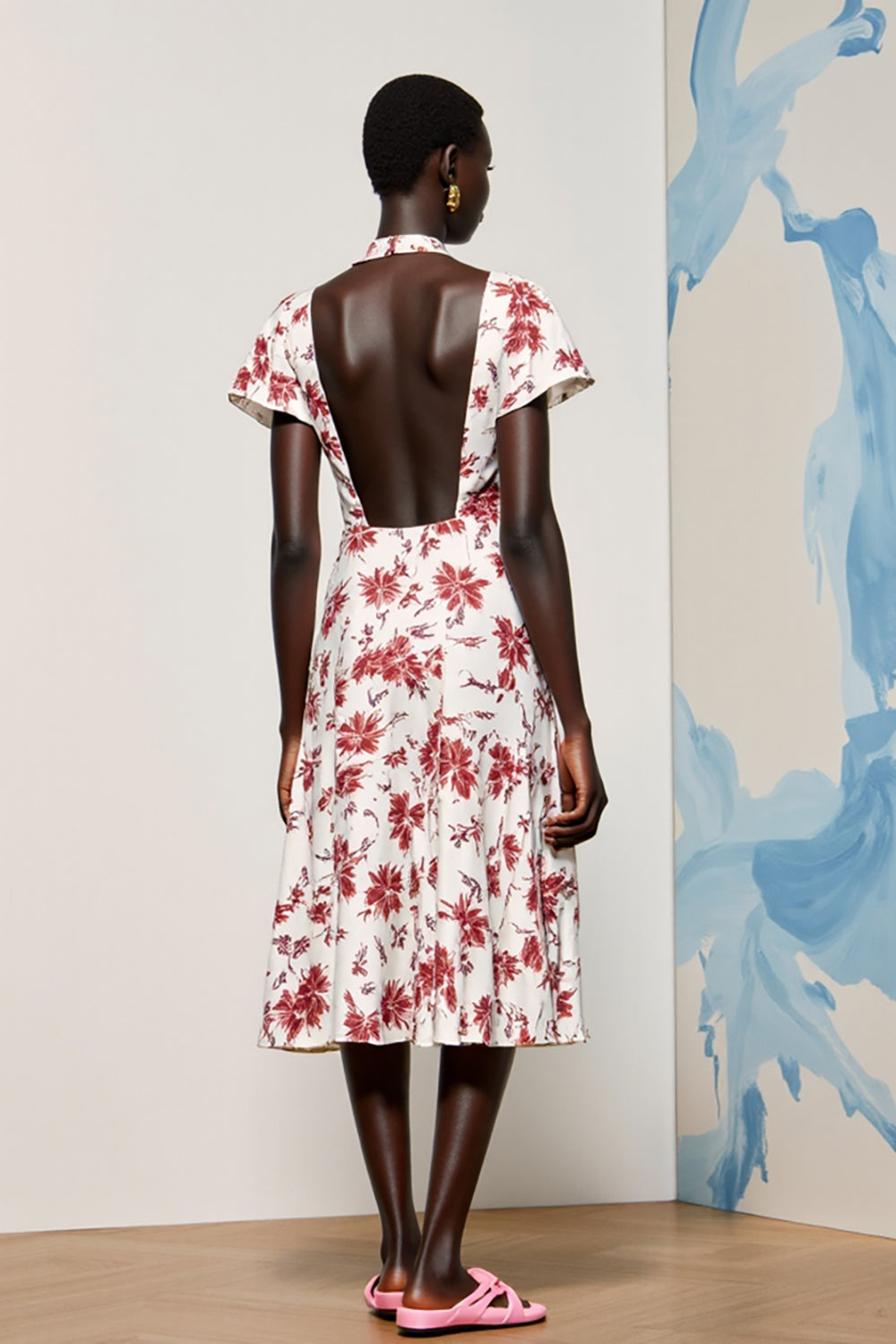 Pink Floral V-Neck Midi Wedding Guest Dress