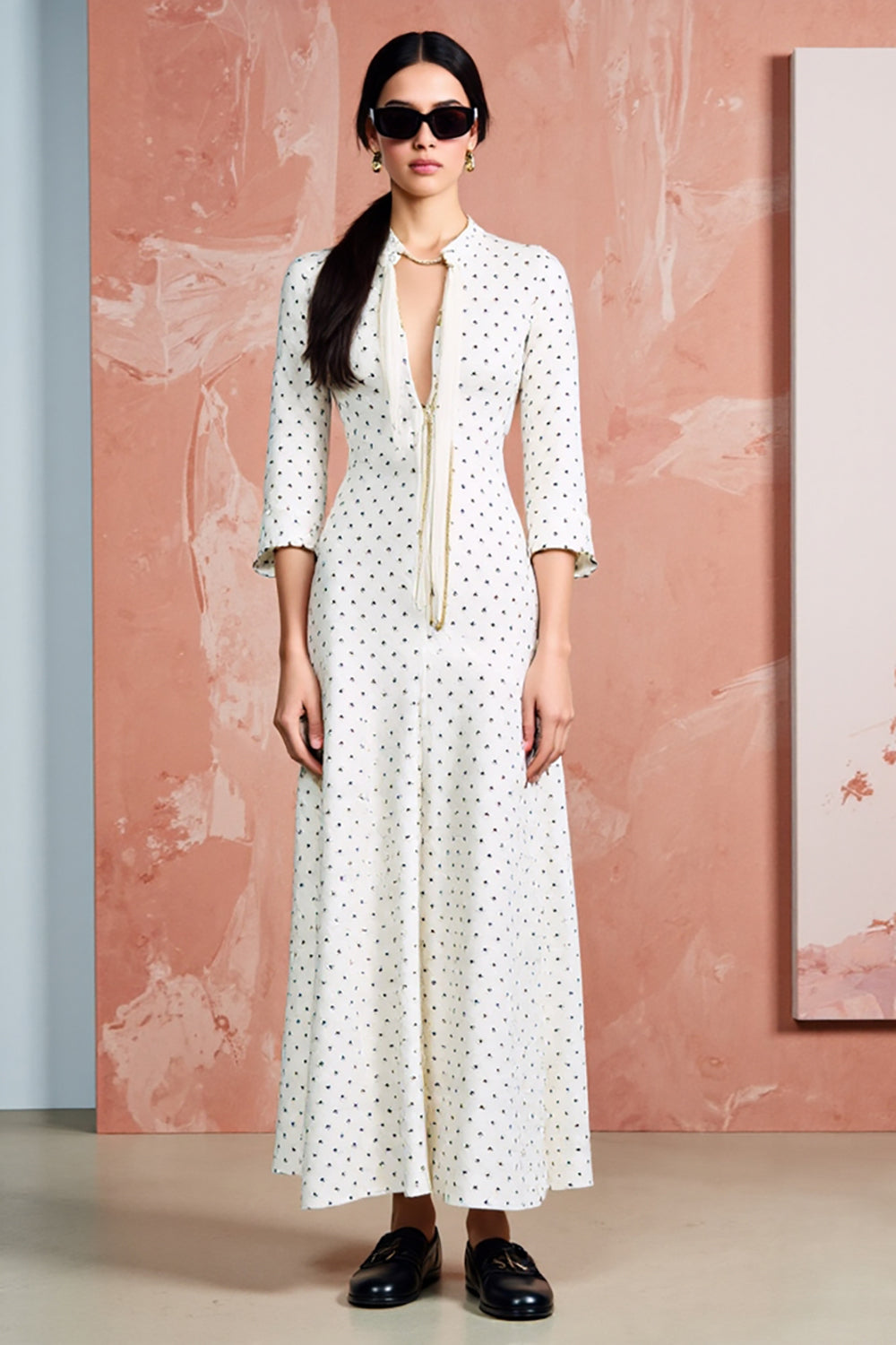 White A Line Long Sleeve Polka Dot Dress