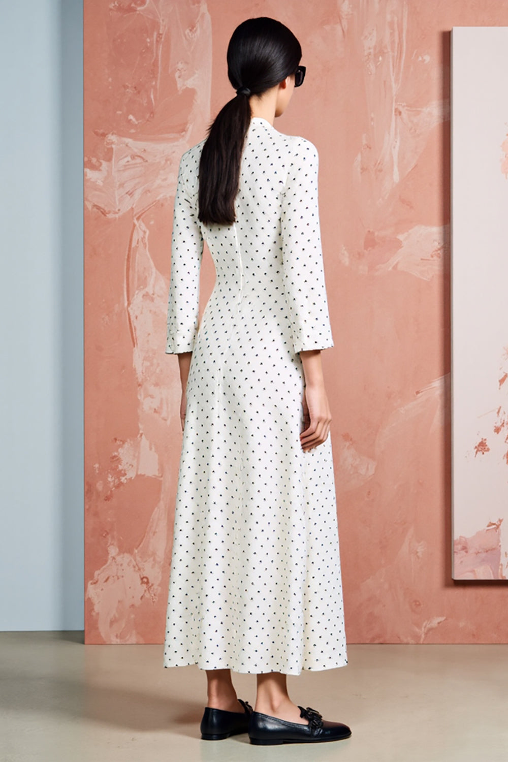 White A Line Long Sleeve Polka Dot Dress