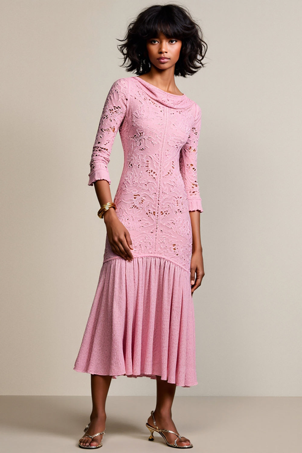 Pink Lace 3/4 Sleeve A Line Wedding Guest Dress