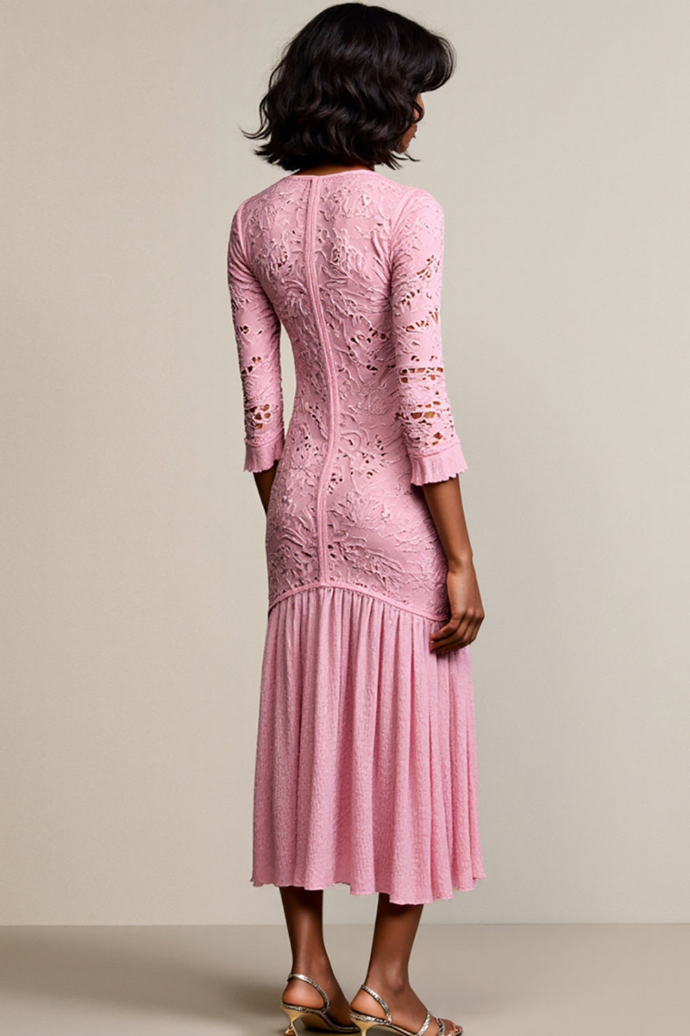 Pink Lace 3/4 Sleeve A Line Wedding Guest Dress