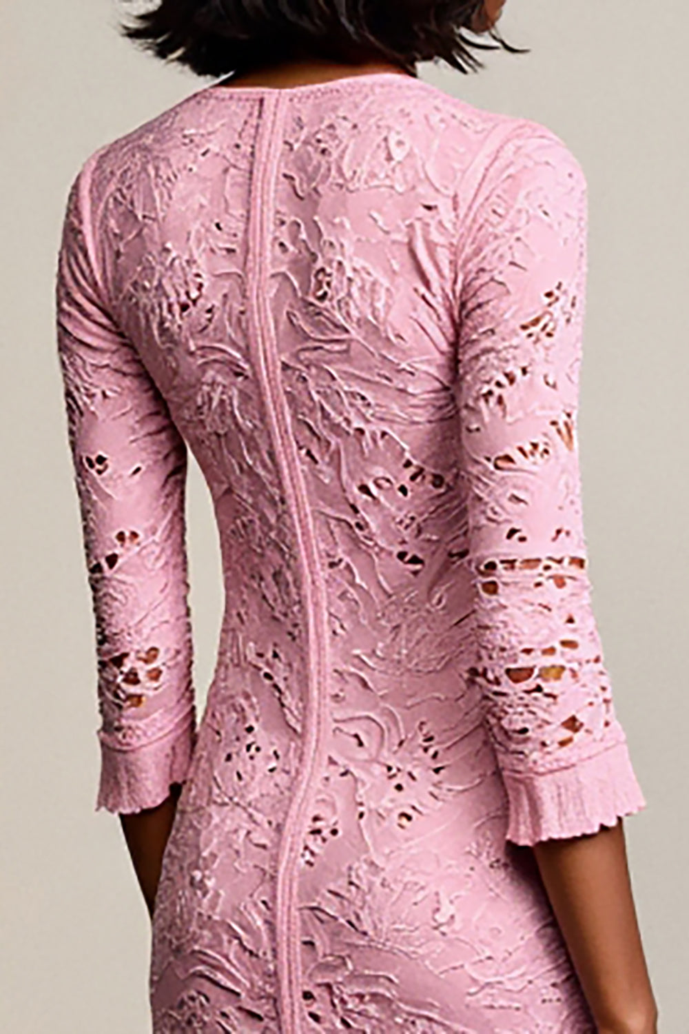 Pink Lace 3/4 Sleeve A Line Wedding Guest Dress