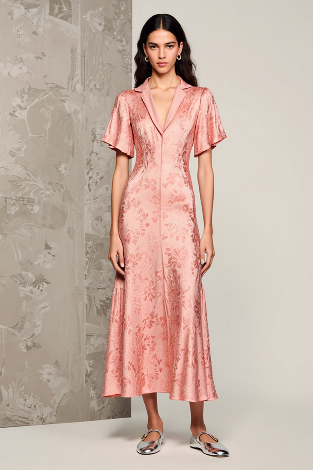 Pink Notched Lapel Satin Wedding Guest Dress