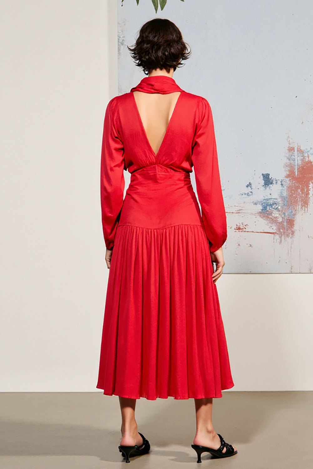 Red Ruched A Line Long Sleeve Wedding Guest Dress
