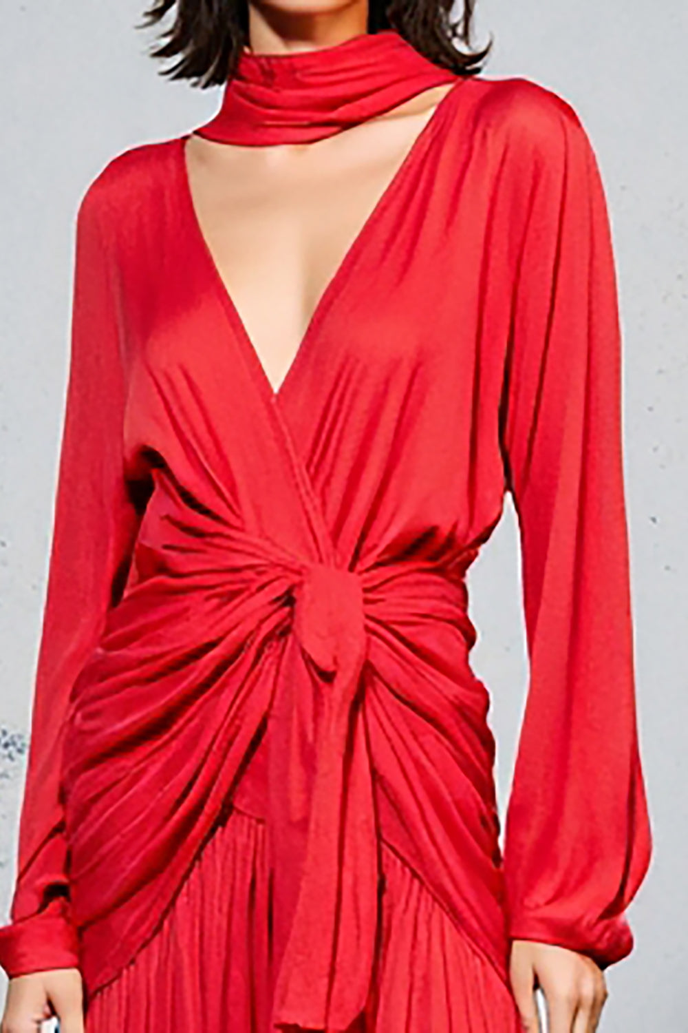 Red Ruched A Line Long Sleeve Wedding Guest Dress
