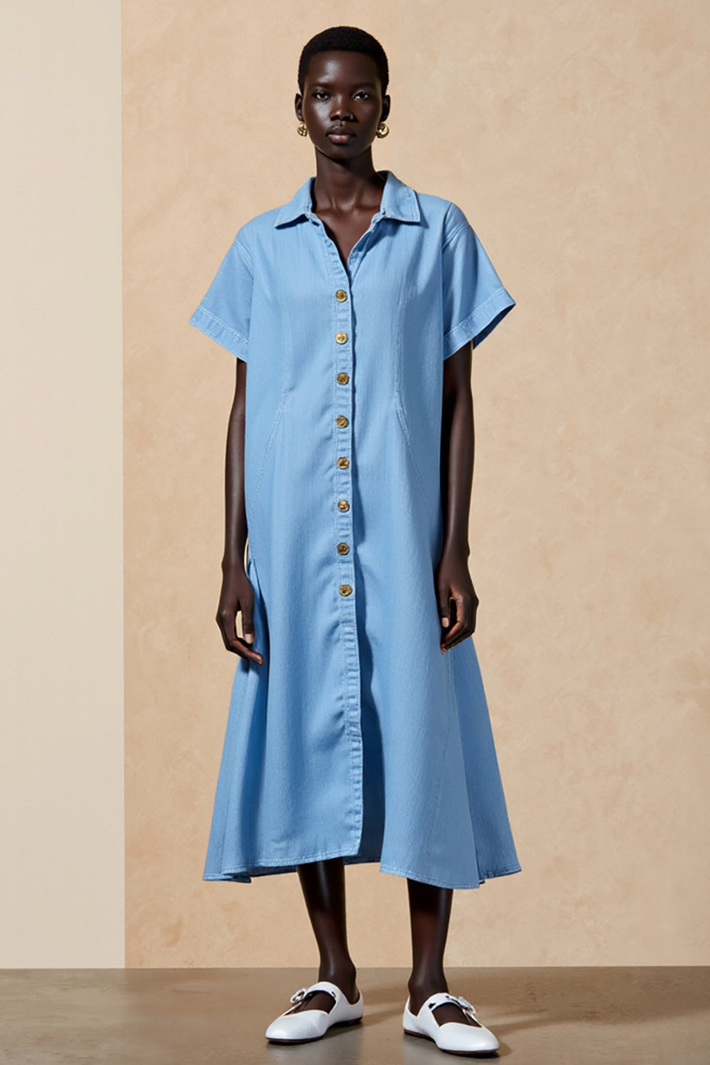 Blue Polo Collar Single-breasted Wedding Guest Dress