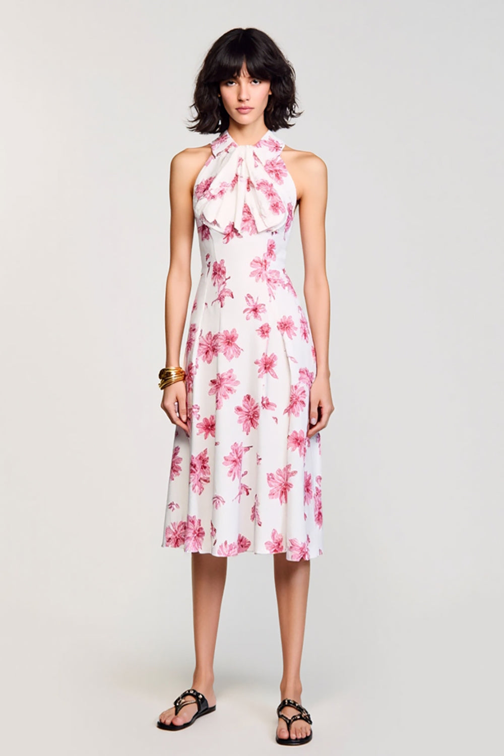 Floral Pink A Line Midi Wedding Guest Dress