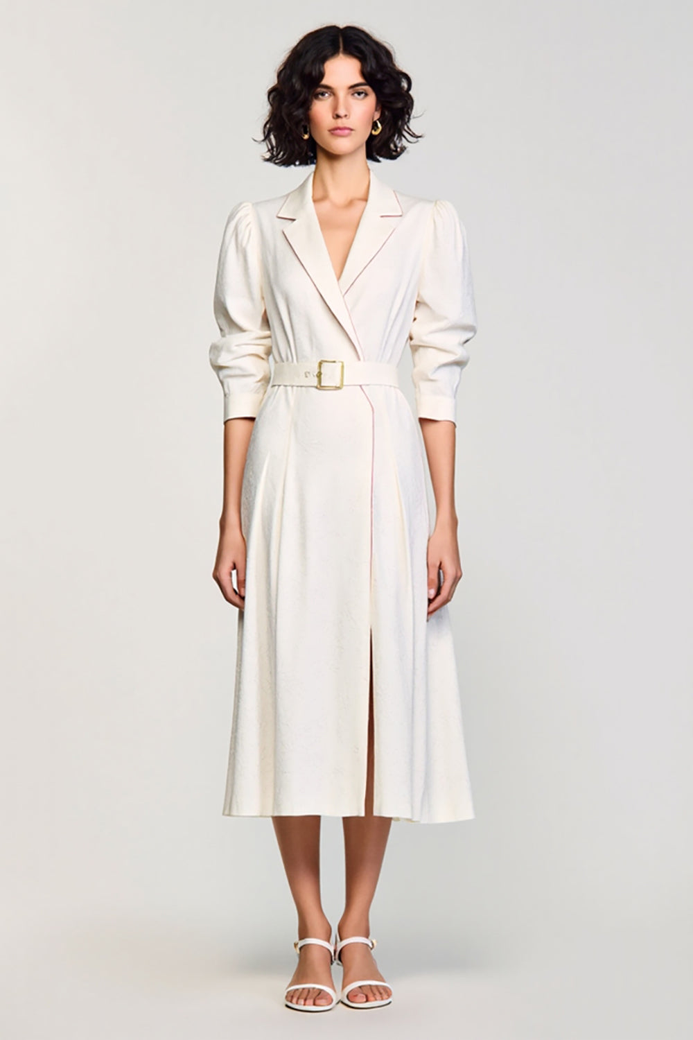 Ivory A Line Notched Lapel Wedding Guest Dress with Sleeves