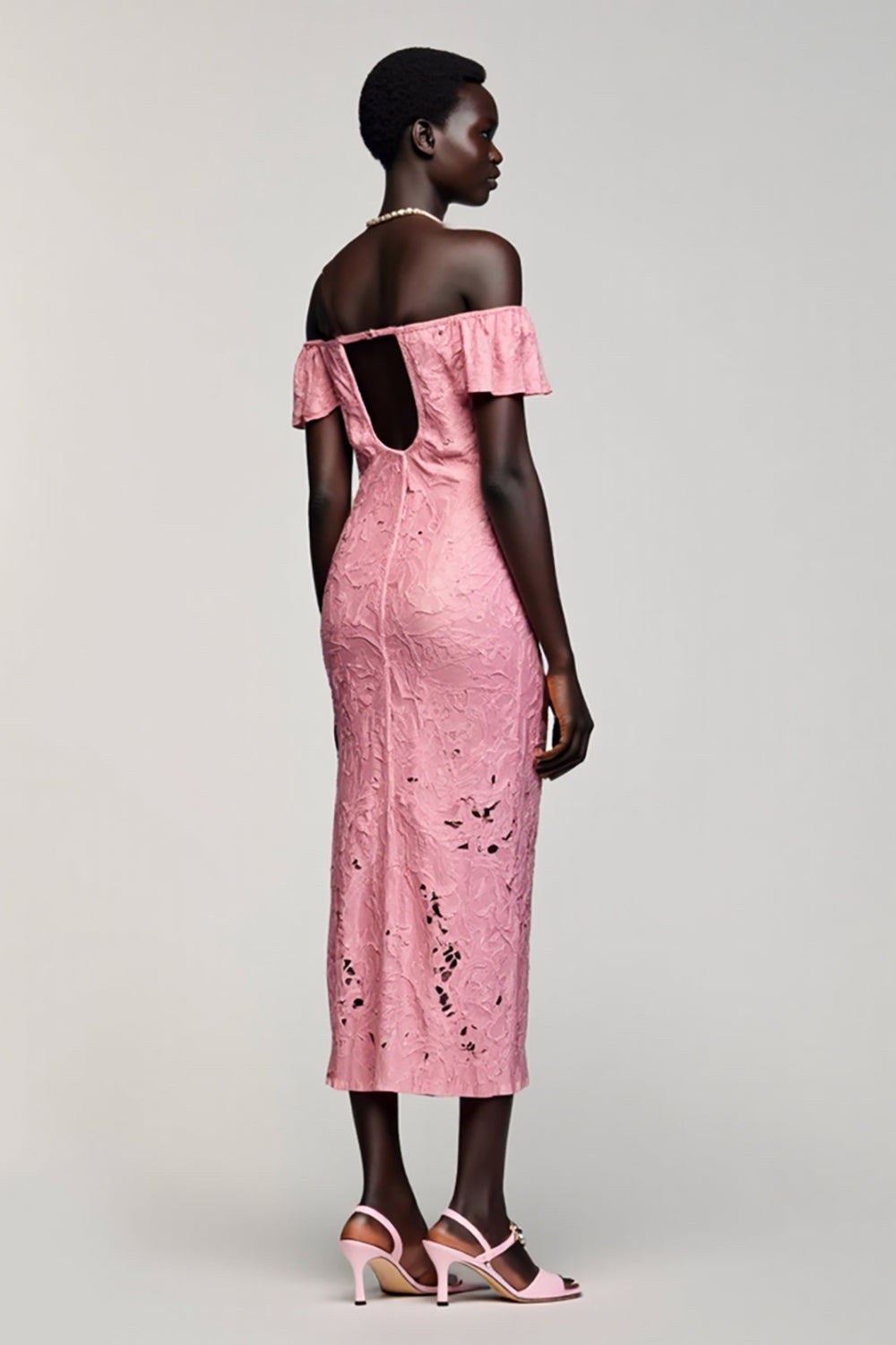 Pink Lace Sheath Off the Shoulder Wedding Guest Dress