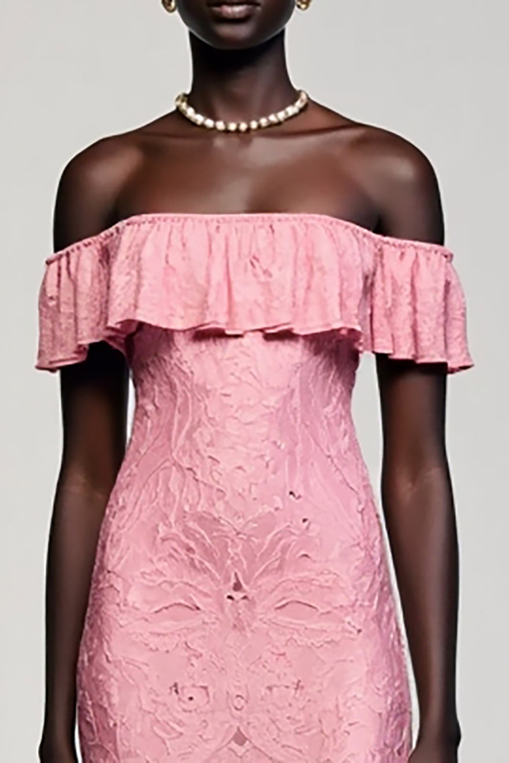 Pink Lace Sheath Off the Shoulder Wedding Guest Dress