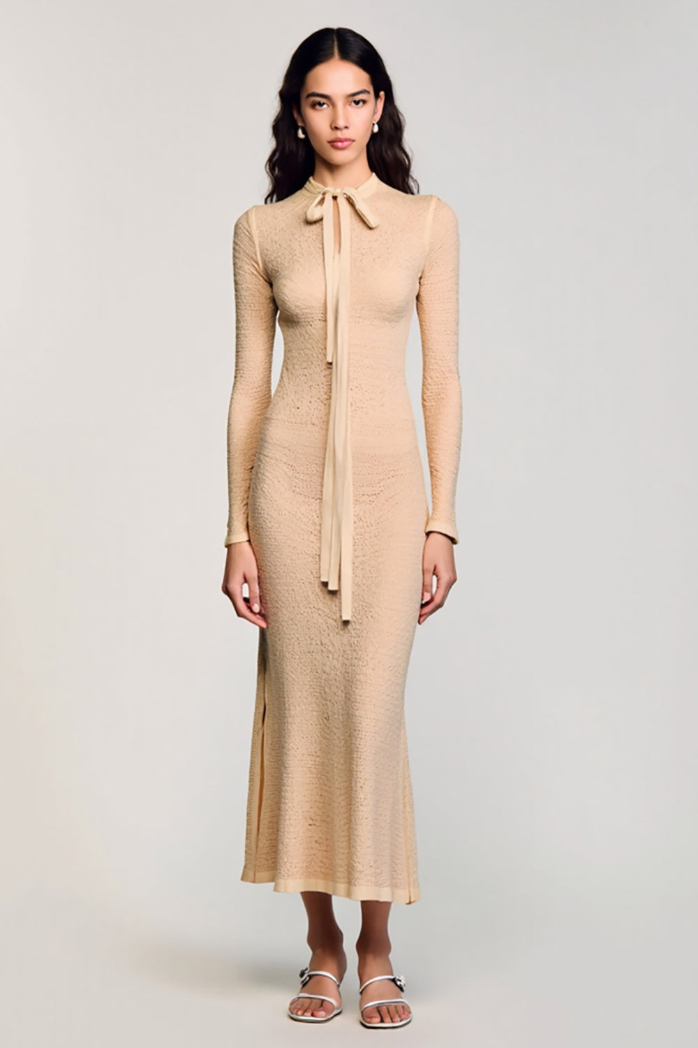 Long Sleeve Sheath High Neck Apricot Wedding Guest Dress With Sash