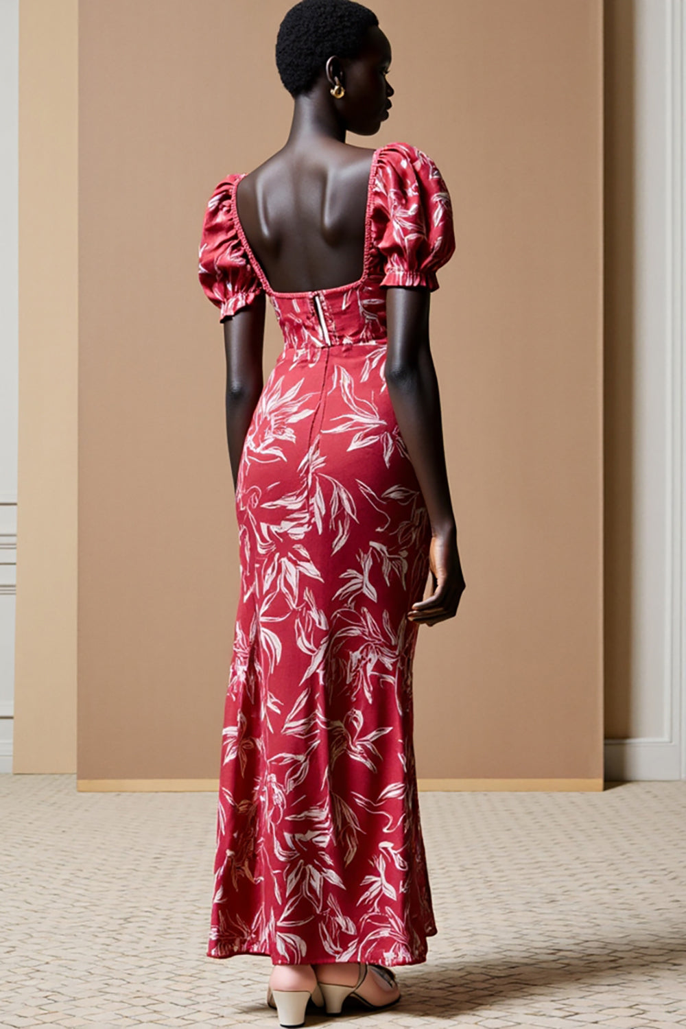Sheath Red Printed Puff Sleeve Wedding Guest Dress