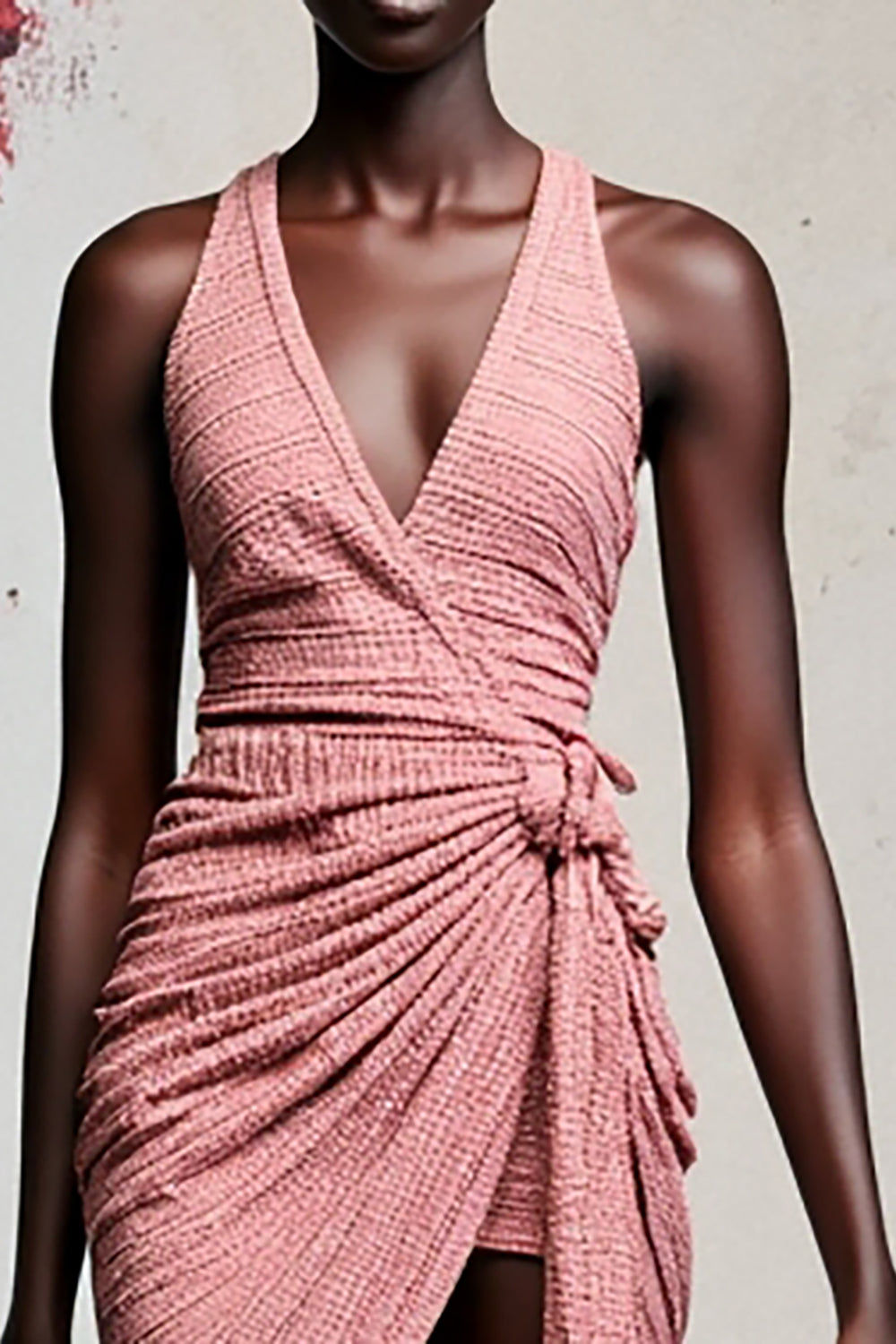 Halter Ruched Pink A Line Wedding Guest Dress With Slit