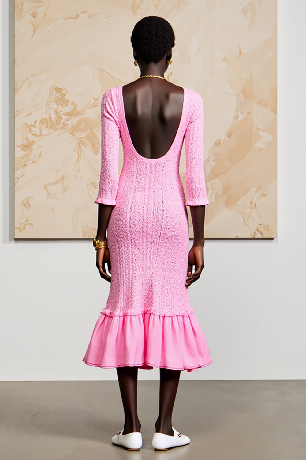Pink Ruffled Square Neck Midi Wedding Guest Dress with Half Sleeves