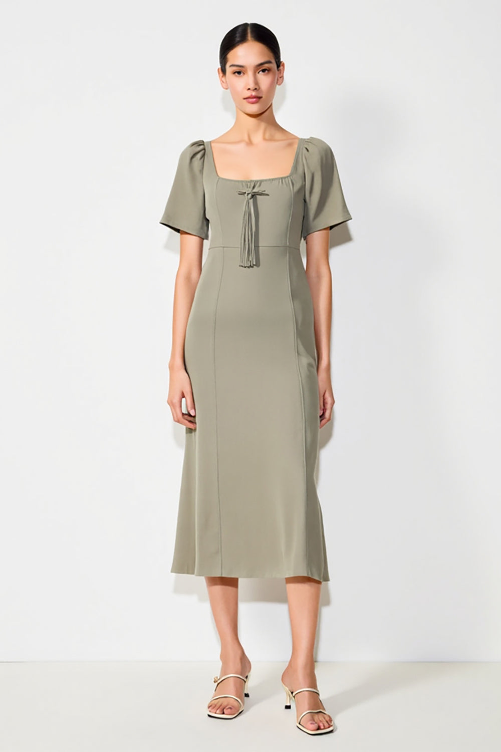 Grey Square Neck Satin Midi Wedding Guest Dress with Short Sleeves