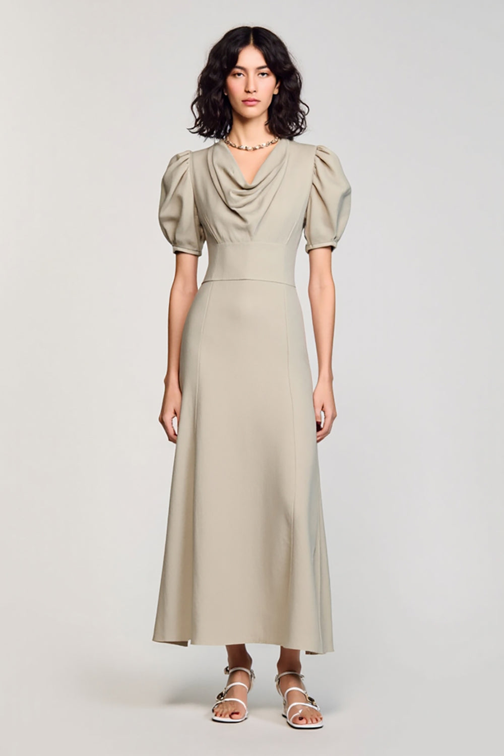 Grey Cowl Neck Satin Long Wedding Guest Dress with Puff Sleeves
