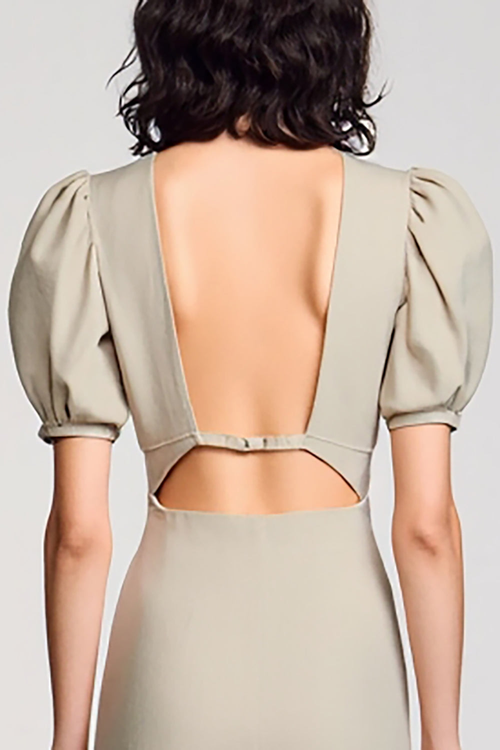 Grey Cowl Neck Satin Long Wedding Guest Dress with Puff Sleeves
