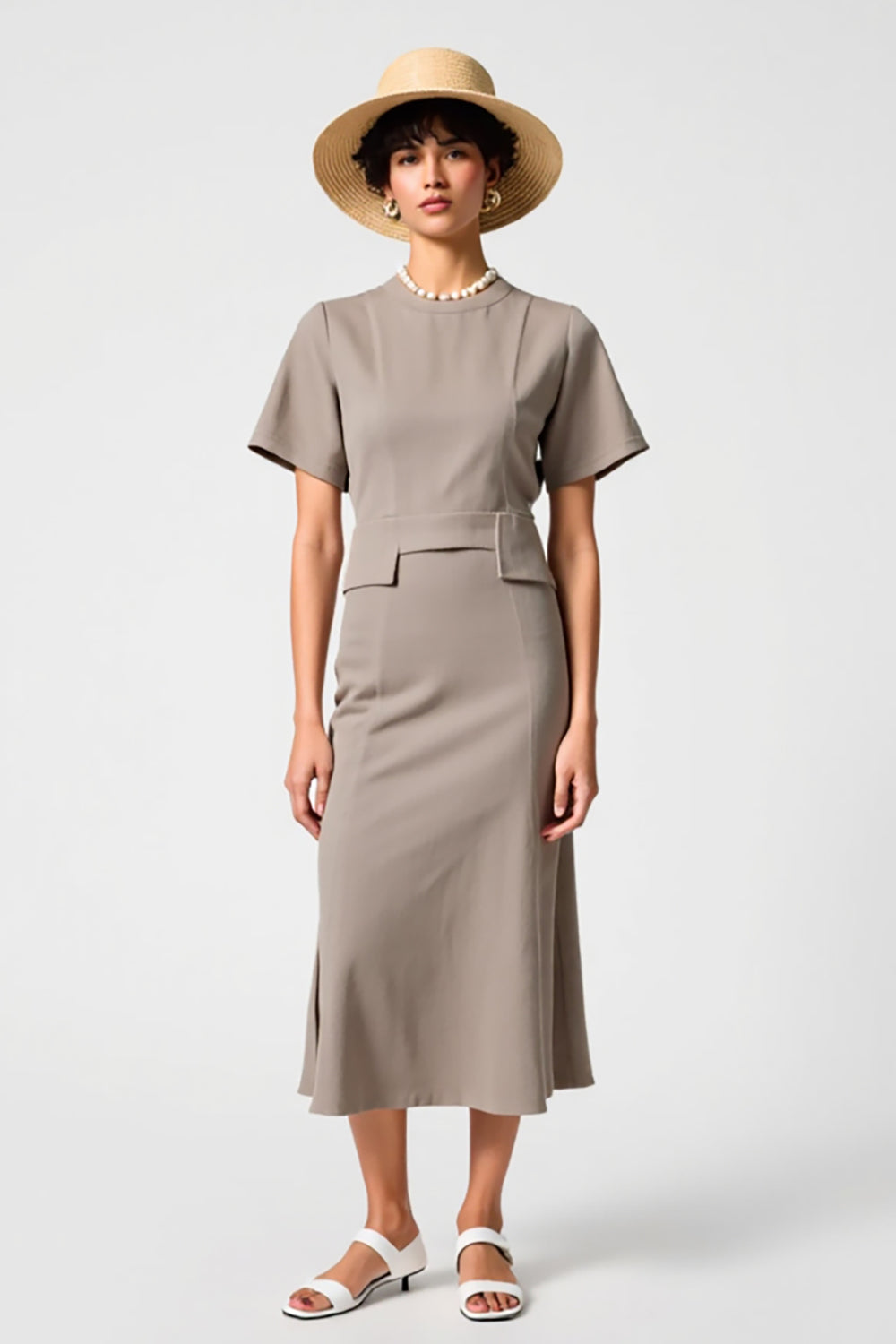 Grey Satin Round Neck Midi Wedding Guest Dress with Short Sleeves