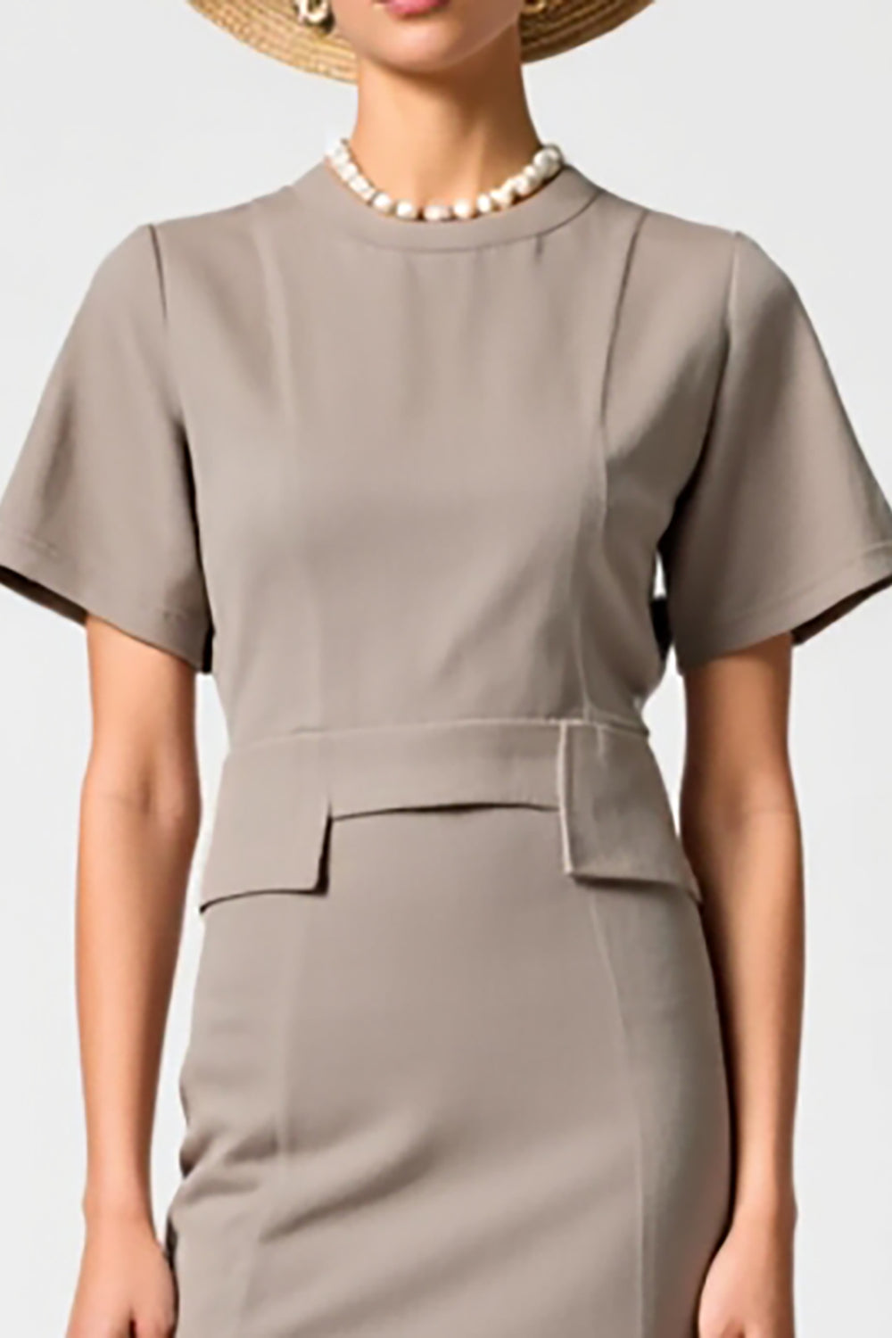 Grey Satin Round Neck Midi Wedding Guest Dress with Short Sleeves