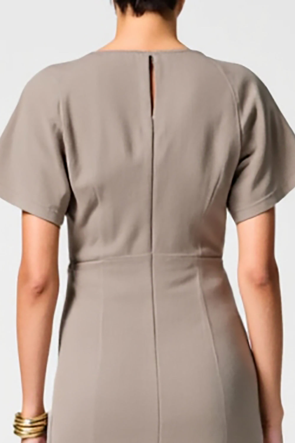 Grey Satin Round Neck Midi Wedding Guest Dress with Short Sleeves