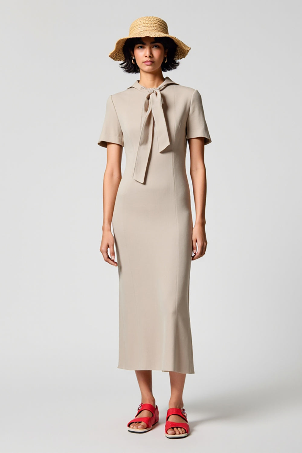 Simple Grey Satin Midi Wedding Guest Dress with Short Sleeves