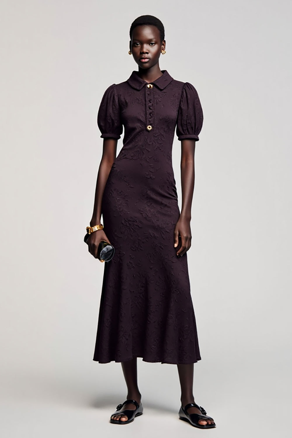 Dark Purple Jacquard A Line Midi Wedding Guest Dress