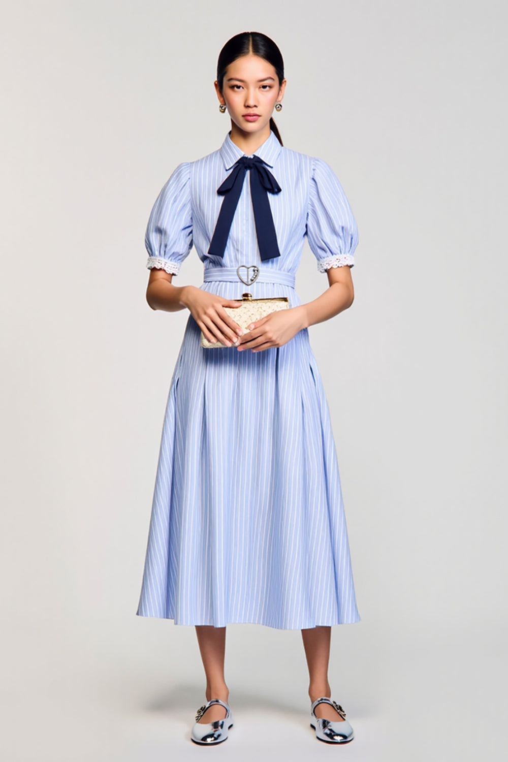 Blue A Line Cotton Striped Wedding Guest Dress