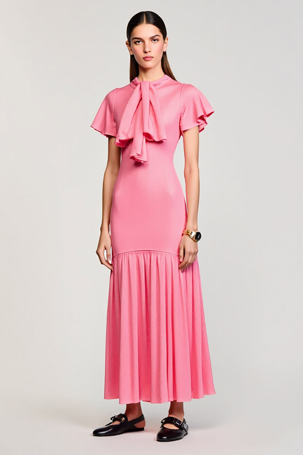 Pink Chiffon Ruched A Line Wedding Gues Dress