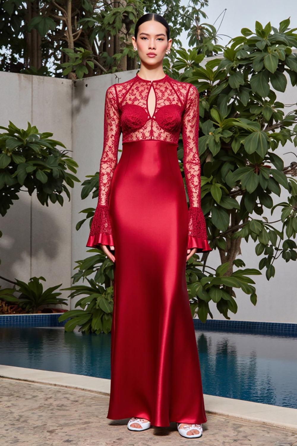 Red Lace Satin Sheath Wedding Guest Dress