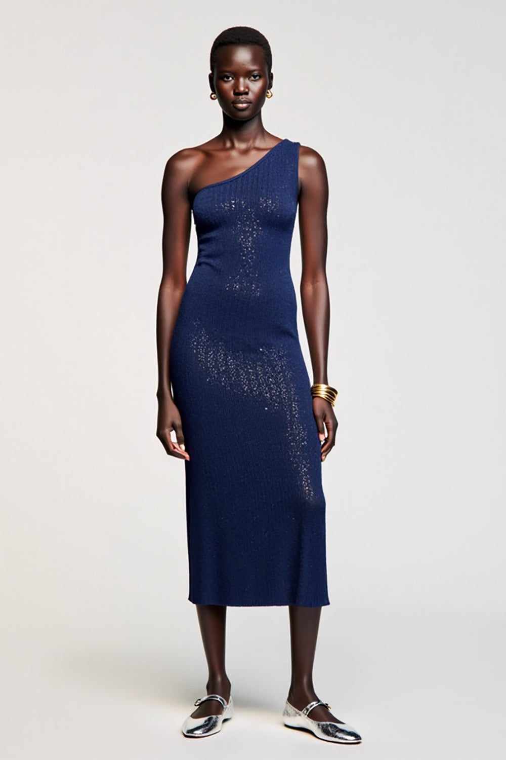 Dark Blue One Shoulder Jersey Wedding Guest Dress