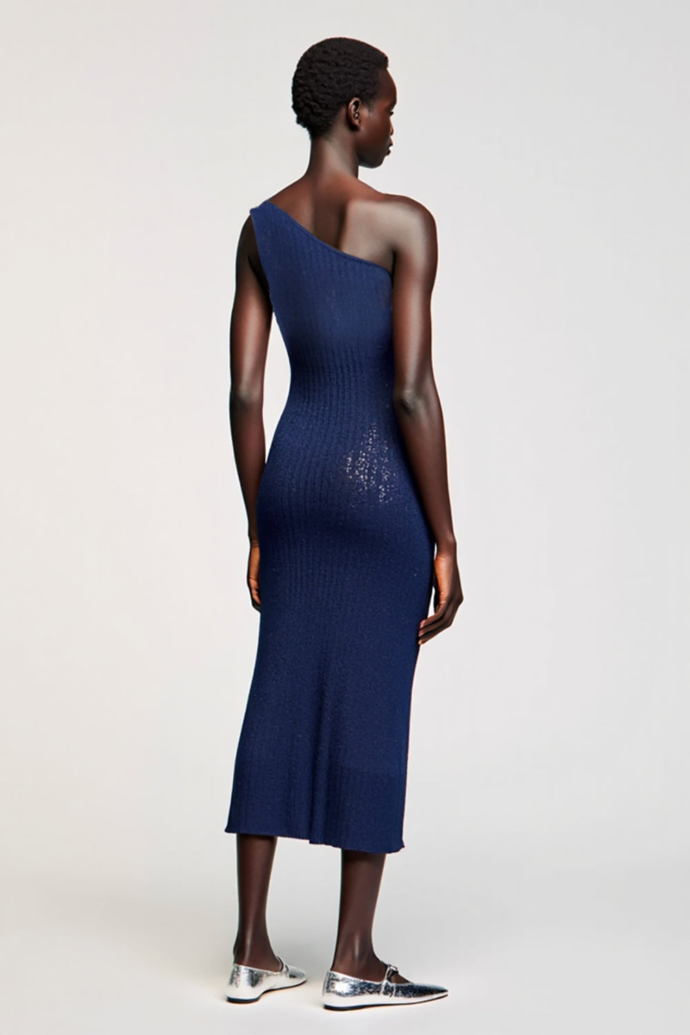 Dark Blue One Shoulder Jersey Wedding Guest Dress